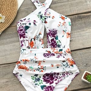 White floral halter swimsuit size M new